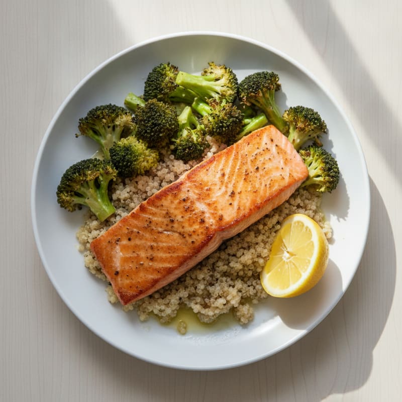 Seared Salmon with Roasted Broccoli and Quinoa