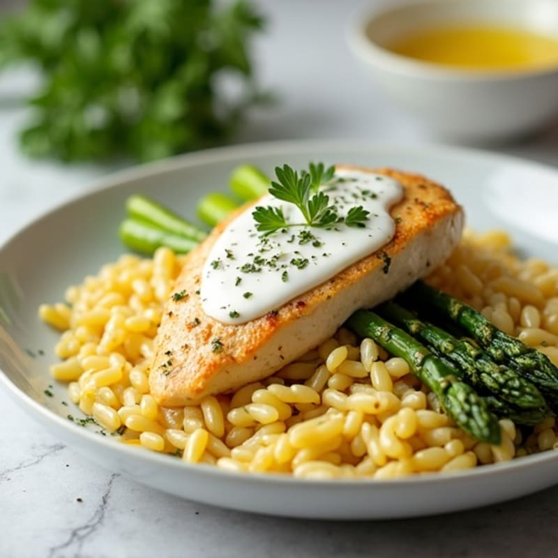 Creamy Lemon Herb Chicken Orzo with Roasted Asparagus