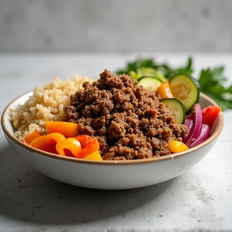 Lean Ground Beef and Fluffy Brown Rice Bowl with Fresh Roasted Vegetables