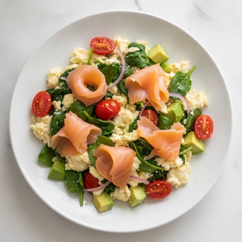 Egg White Scramble with Smoked Salmon, Spinach and Cherry Tomatoes