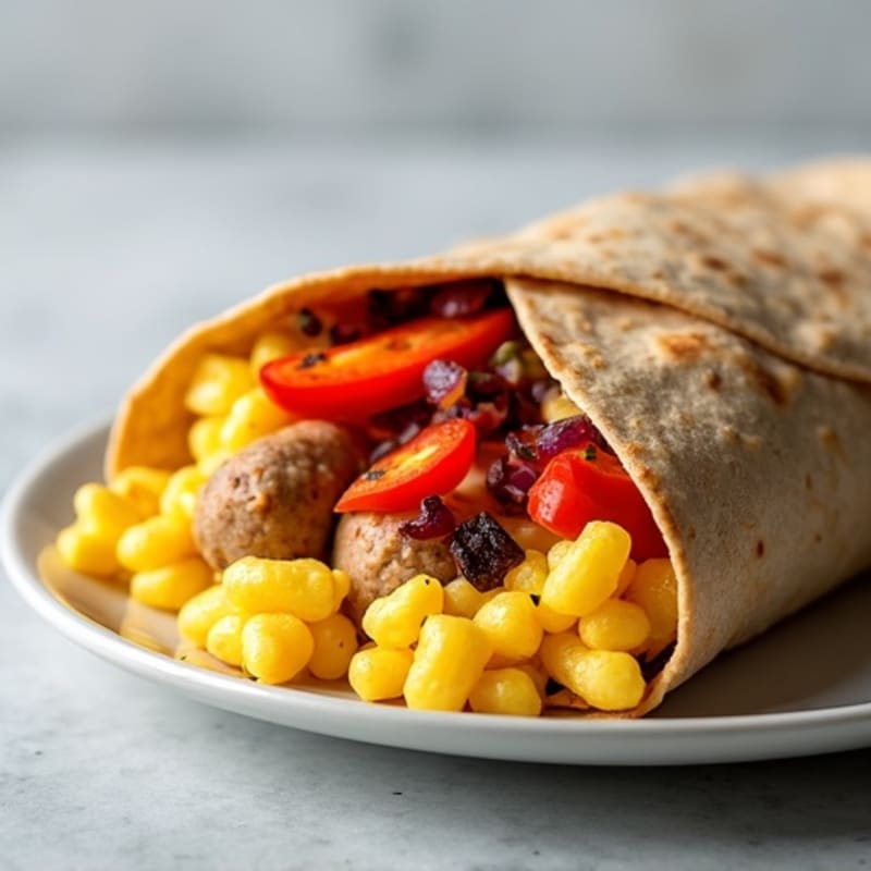 Scrambled Egg and Lean Turkey Sausage Breakfast Burrito with Roasted Vegetables