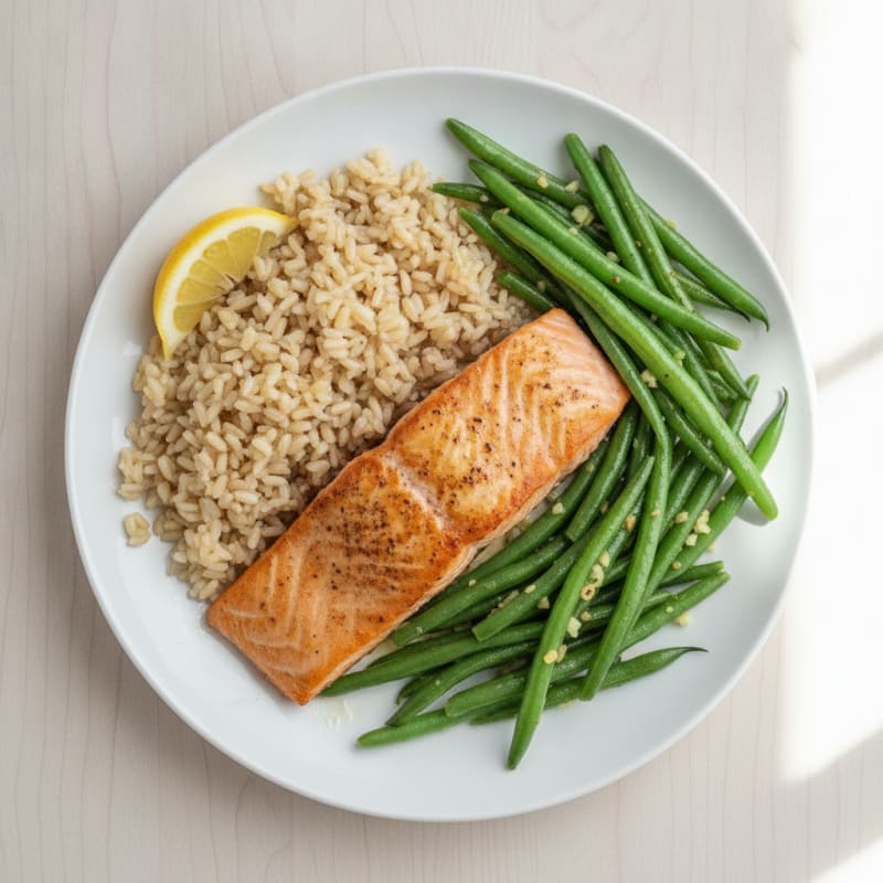 Seared Salmon with Garlic Green Beans and Brown Rice