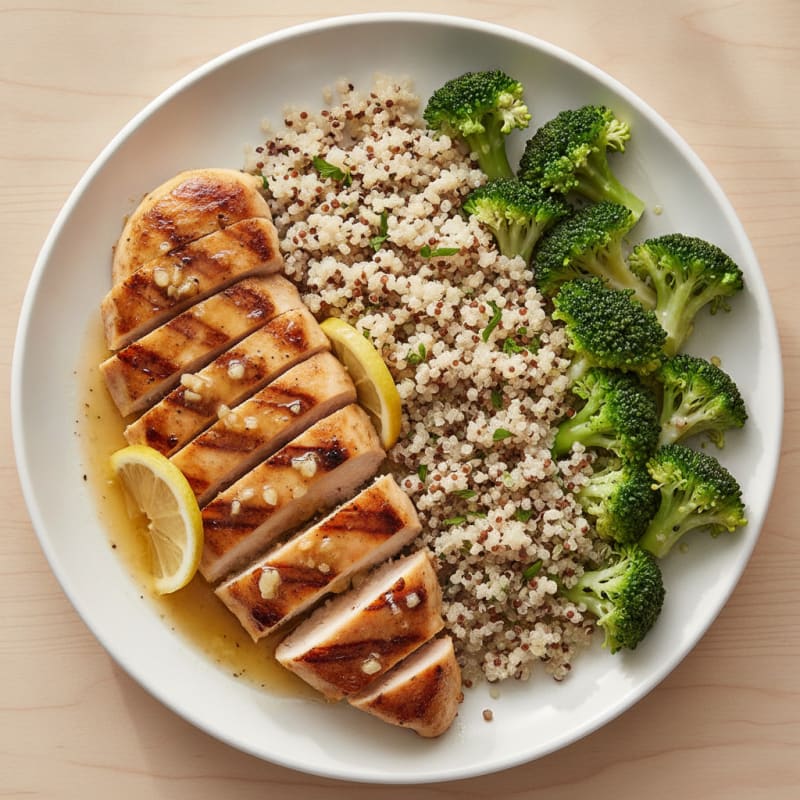 Grilled Lemon Garlic Chicken Breast with Quinoa and Steamed Broccoli