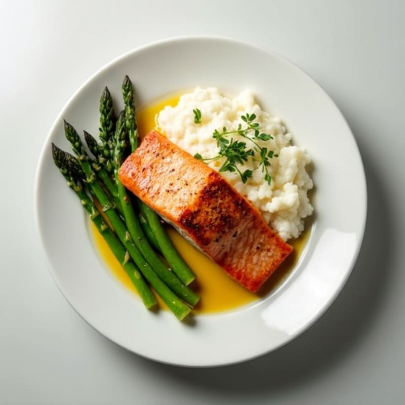 Seared Salmon with Steamed Asparagus and Cauliflower Mash