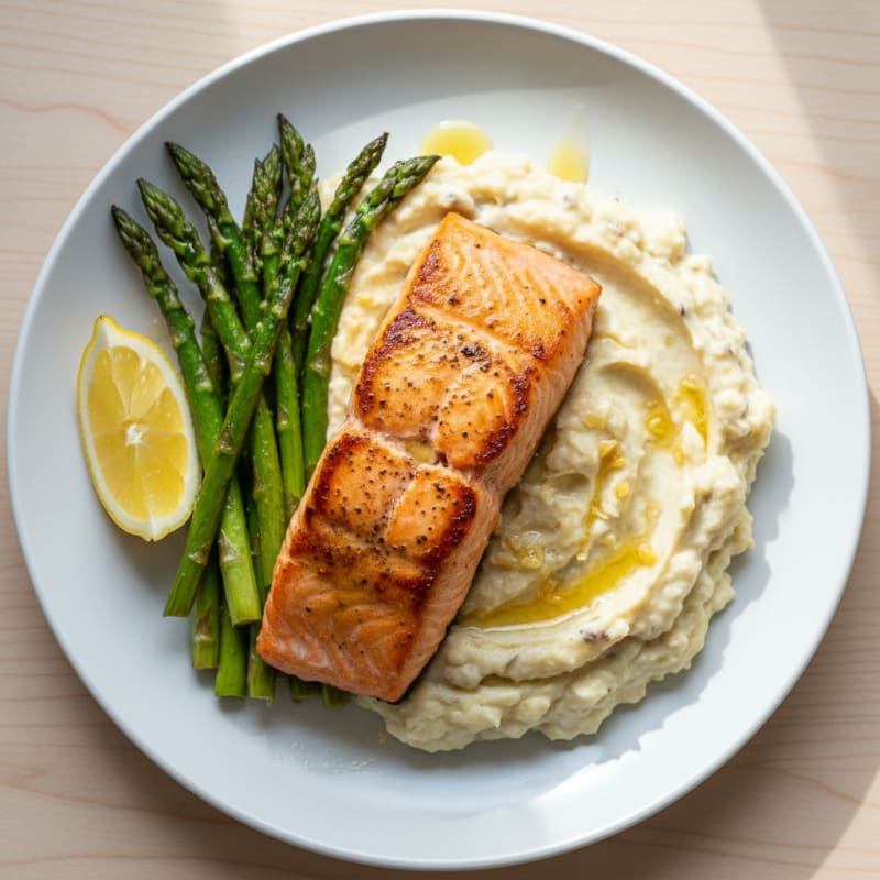 Seared Salmon Fillet with Roasted Asparagus and Cauliflower Mash