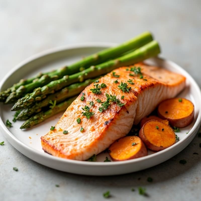 Seared Salmon Fillet with Roasted Sweet Potatoes and Asparagus