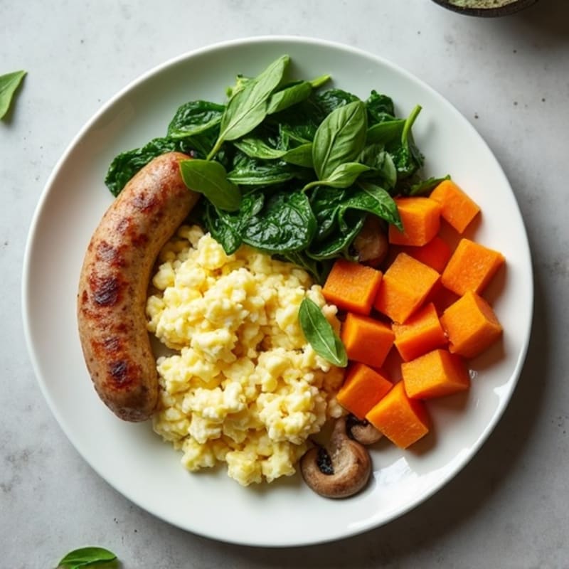 Egg White and Turkey Sausage Scramble with Spinach and Sautéed Mushrooms