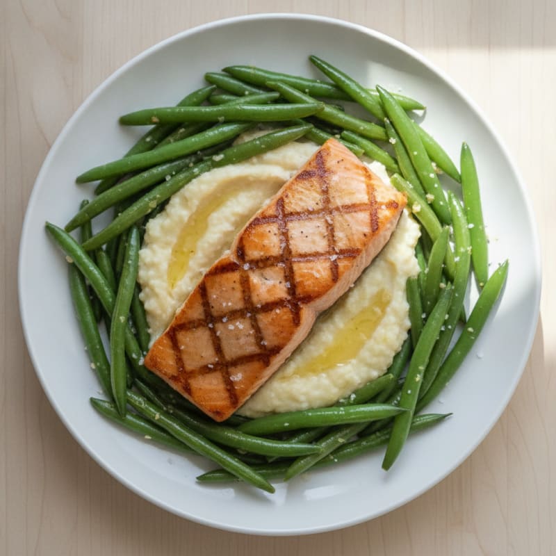 Seared Salmon Fillet with Garlic Green Beans and Cauliflower Mash