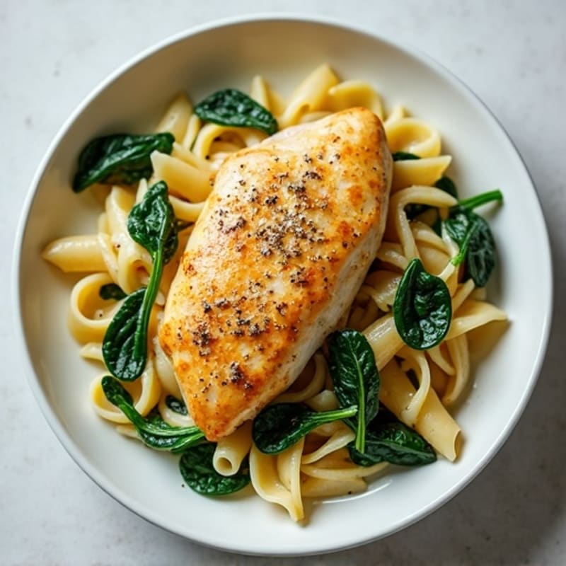 Pan-Seared Lemon Pepper Chicken with Creamy Lemon Pasta and Fresh Spinach