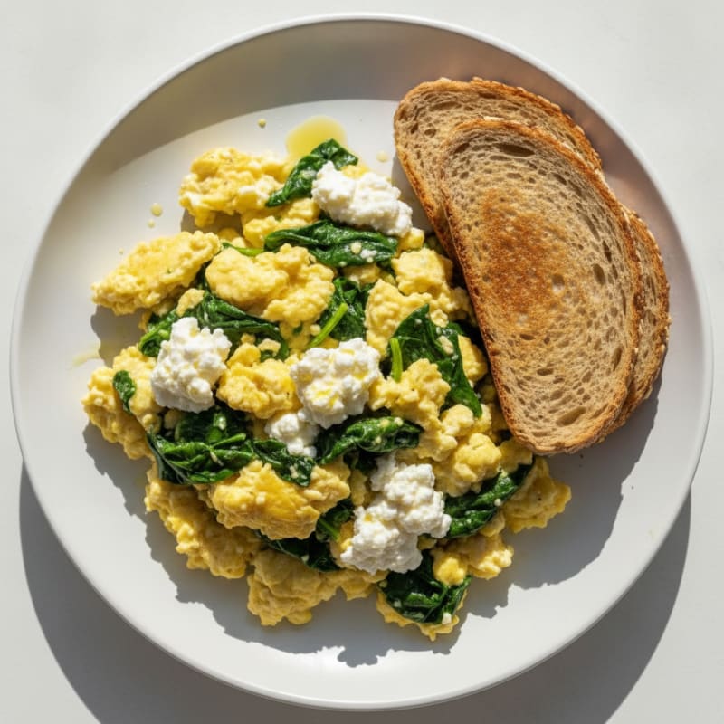 Fluffy Scrambled Eggs with Cottage Cheese and Spinach