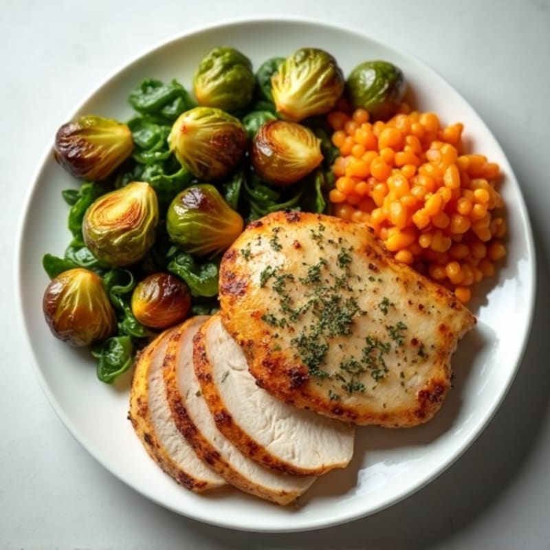 Herb-Roasted Chicken with Crispy Brussels Sprouts and Sweet Potato