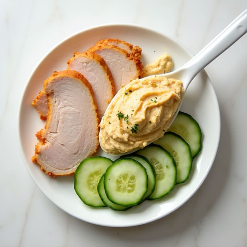 Turkey Breast Slices with Sliced Cucumber and Hummus