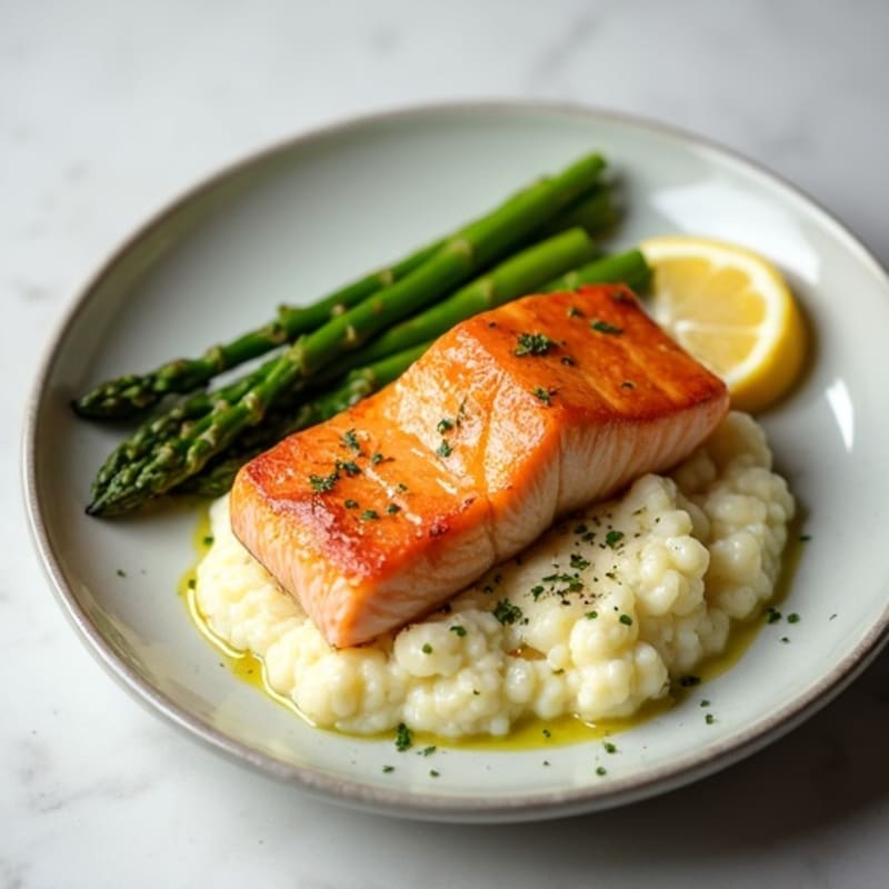 Seared Salmon with Steamed Asparagus and Cauliflower Mash