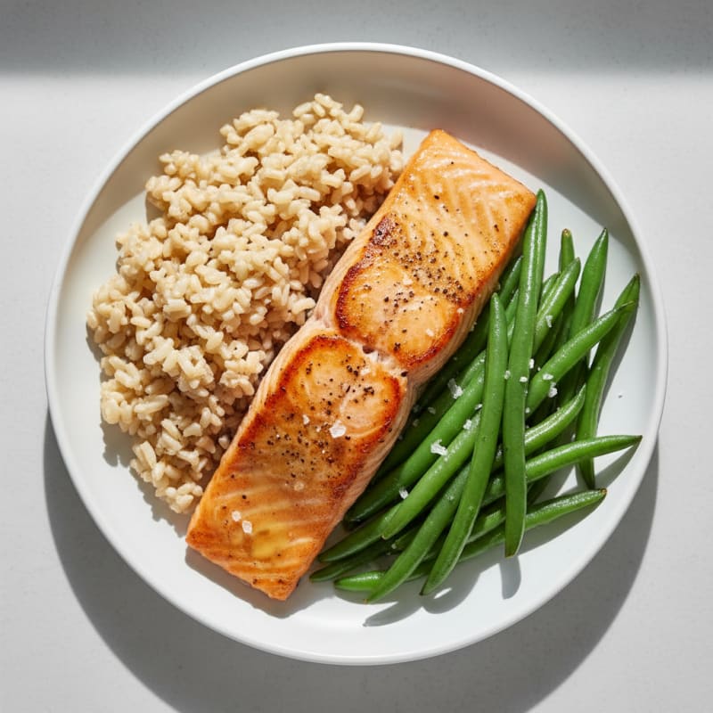 Seared Salmon with Steamed Green Beans and Brown Rice