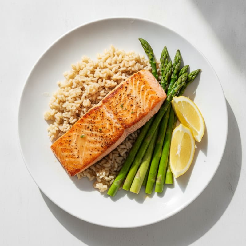 Seared Salmon with Steamed Asparagus and Brown Rice
