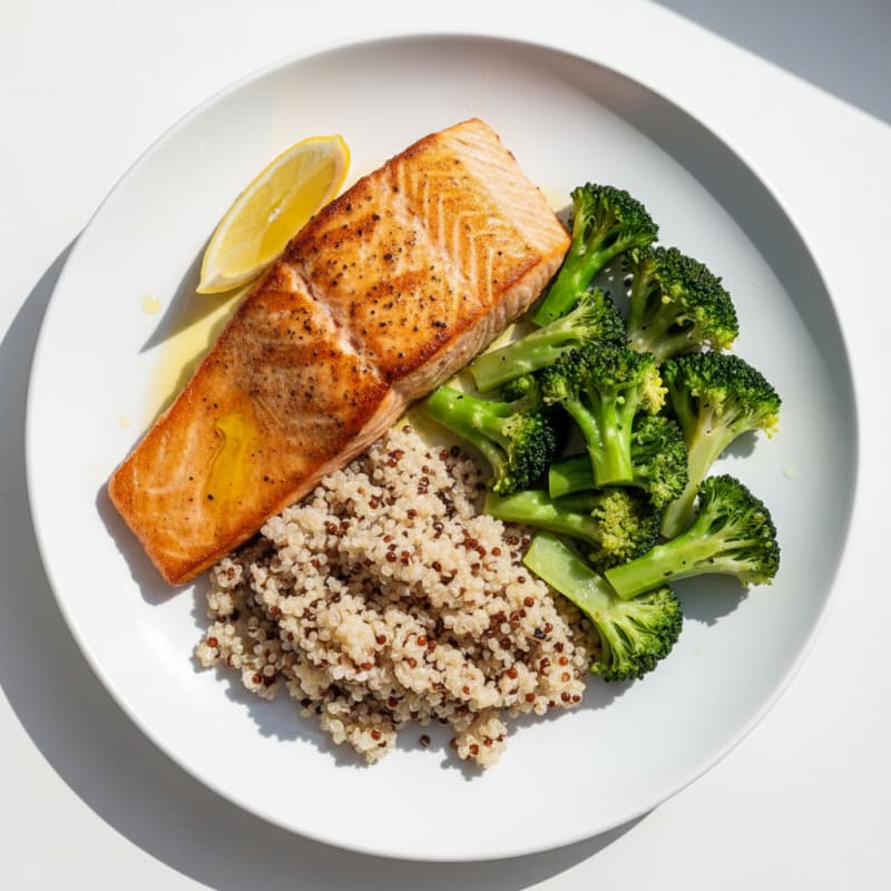 Seared Salmon with Steamed Broccoli and Quinoa