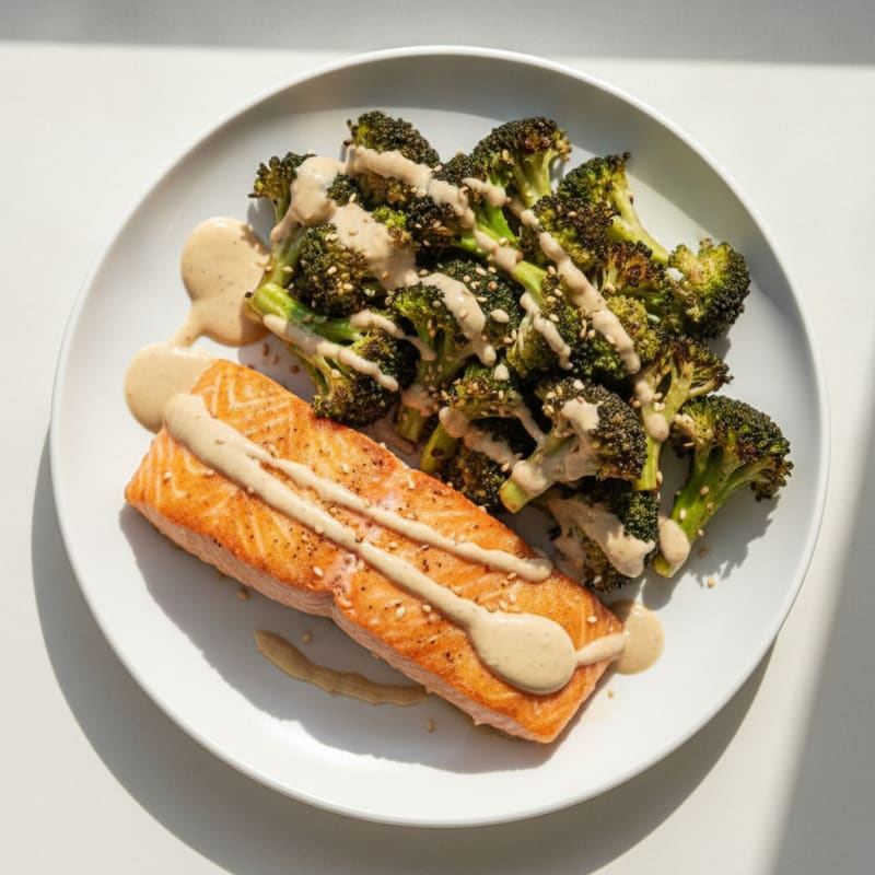 Seared Salmon with Roasted Broccoli and Lemon Tahini Drizzle