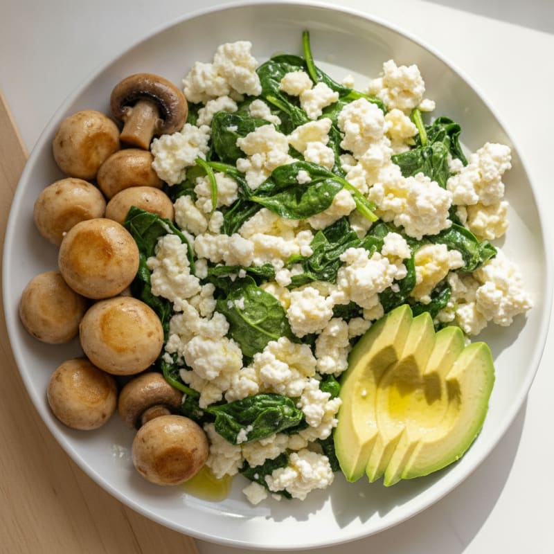 Egg White and Spinach Scramble with Cottage Cheese and Sautéed Mushrooms