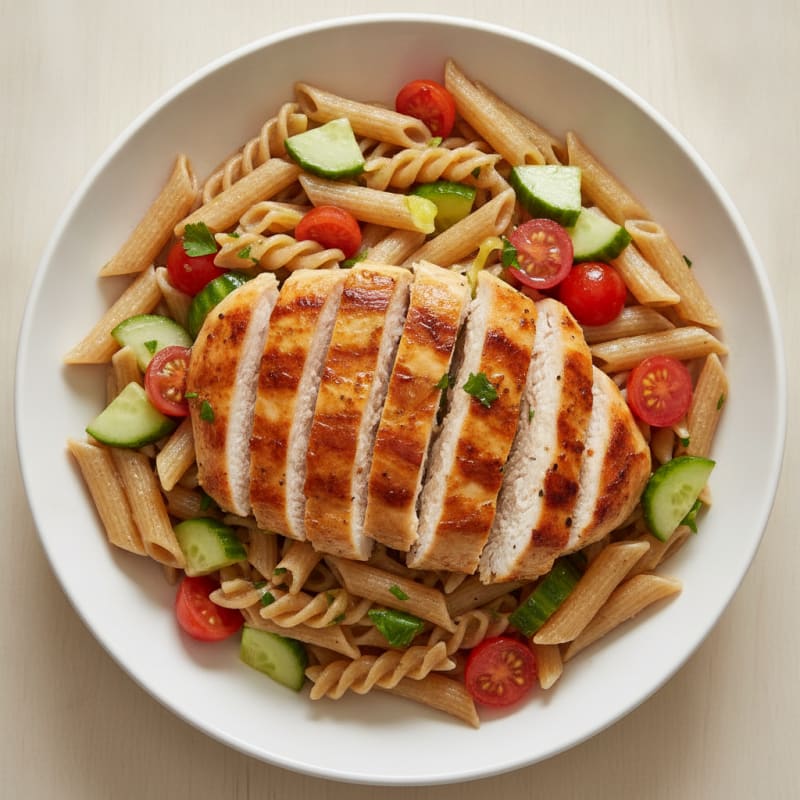 Grilled Chicken Pasta with Fresh Cucumber and Tomato