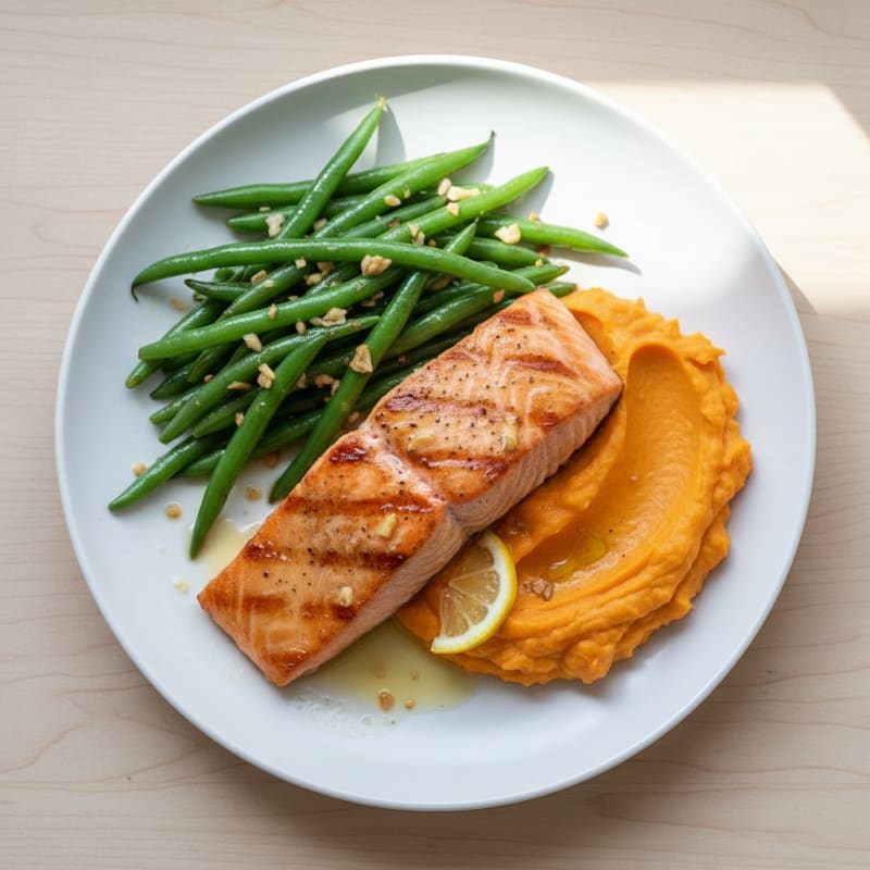 Seared Salmon with Garlic Green Beans and Sweet Potato Mash
