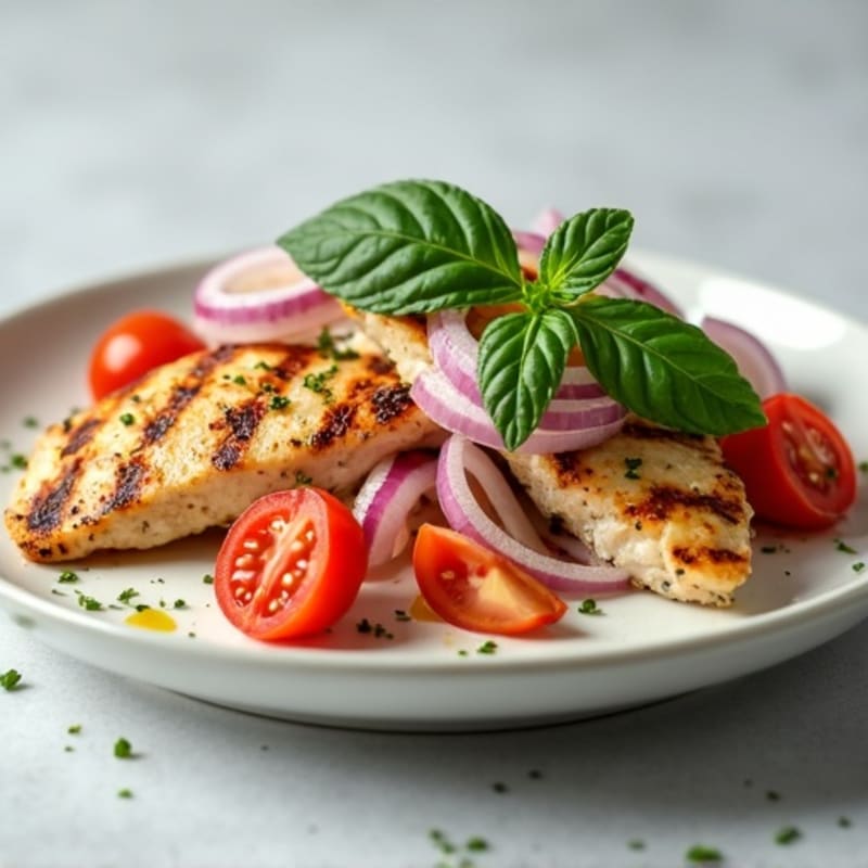 Grilled Chicken Breast with Tomato-Onion Salad and Mint Yogurt Sauce