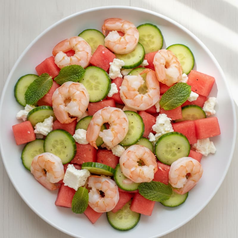Watermelon Cucumber Feta Salad with Mint & Shrimp