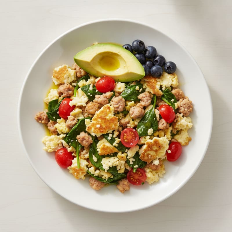 Egg White and Turkey Sausage Scramble with Spinach and Tomatoes