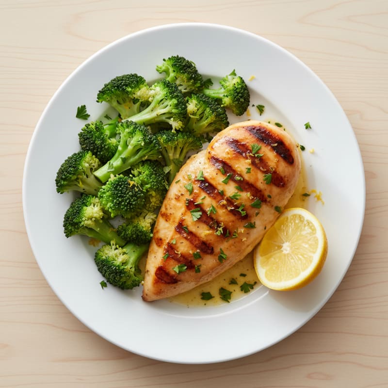 Grilled Chicken Breast with Steamed Broccoli and Lemon