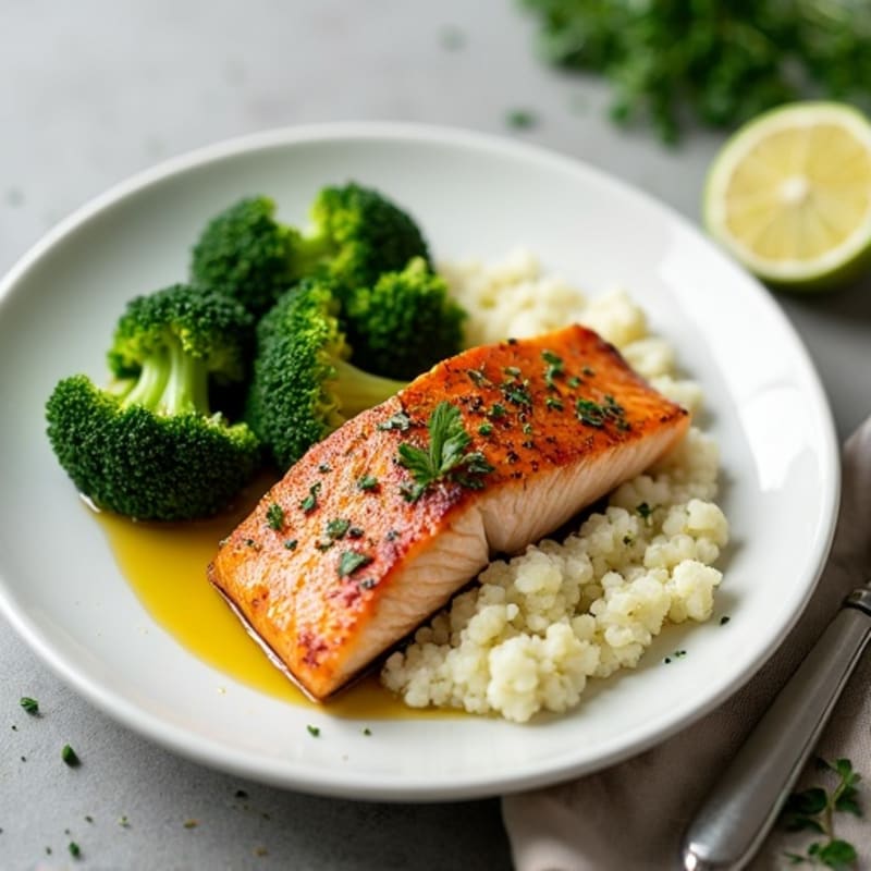 Seared Salmon with Steamed Broccoli and Herb-Cauliflower Mash