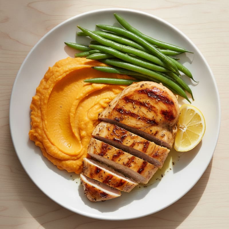 Herb-Grilled Chicken Breast with Steamed Green Beans and Sweet Potato Mash