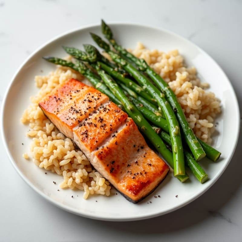 Seared Salmon with Steamed Asparagus and Brown Rice