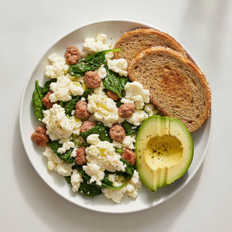Egg White Spinach Scramble with Turkey Sausage