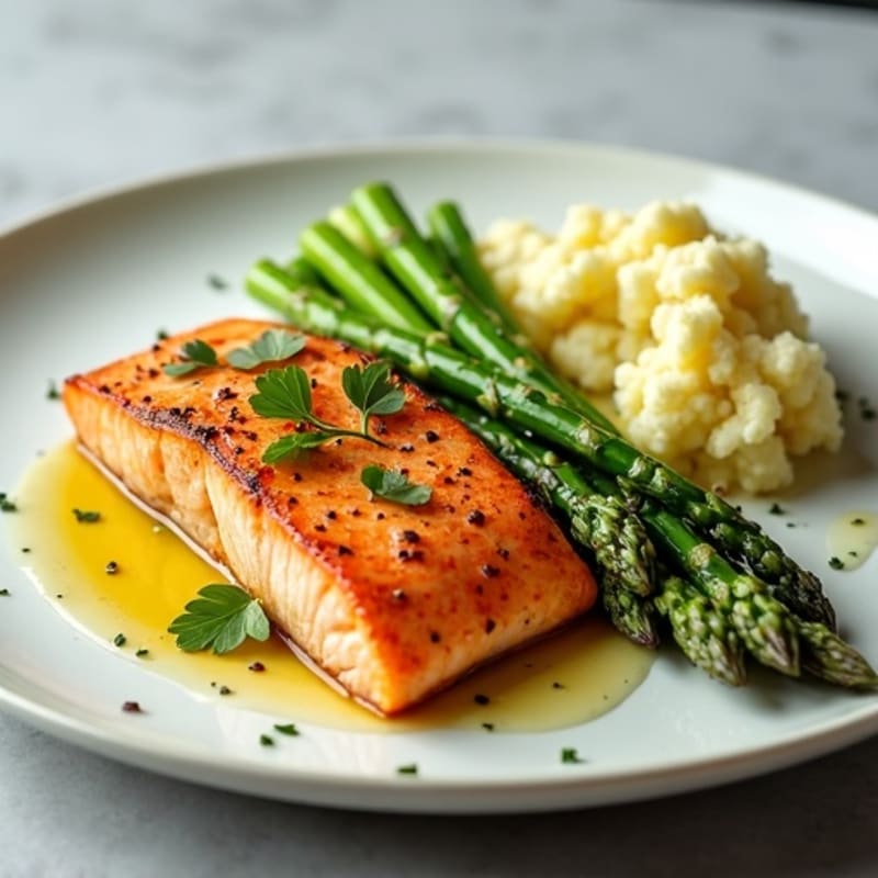 Seared Salmon with Steamed Asparagus and Garlic Mashed Cauliflower