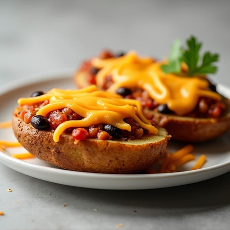 Crispy Potato Halves with Hearty Turkey Chili and Melted Cheddar