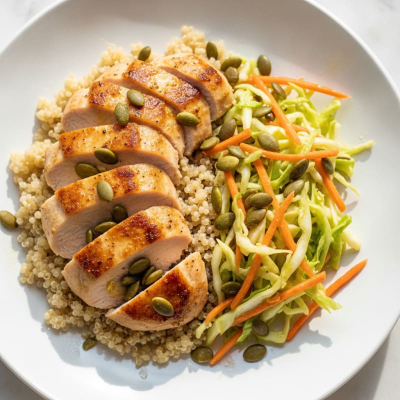 Seared Turkey Breast with Crunchy Cabbage Slaw and Quinoa