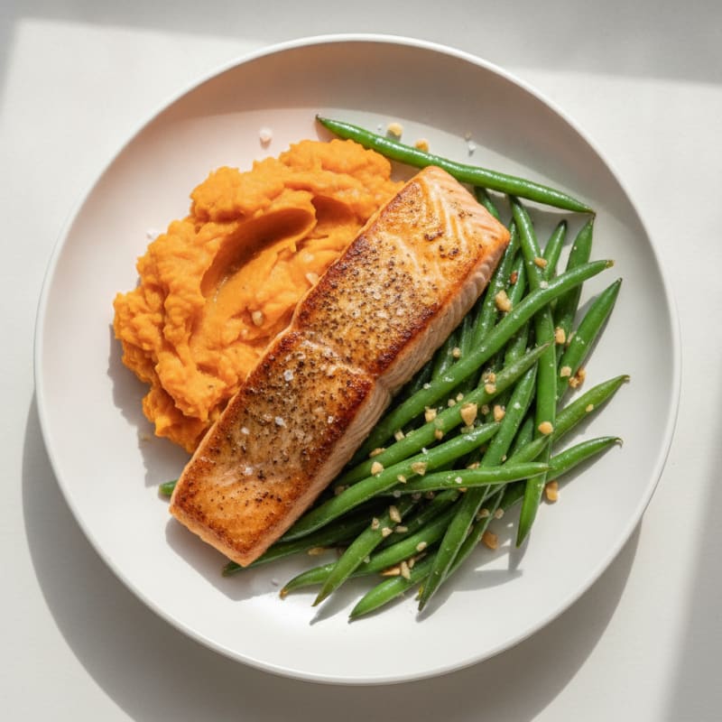 Seared Salmon with Garlic Green Beans and Sweet Potato Mash