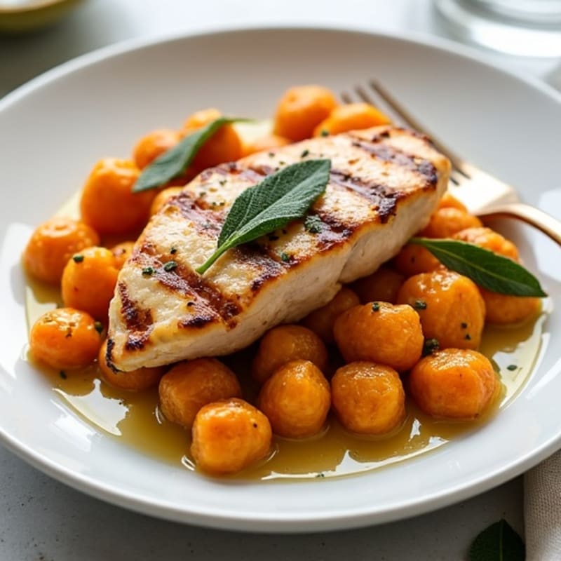 Herb-Roasted Sweet Potato Gnocchi with Sage Brown Butter and Grilled Chicken