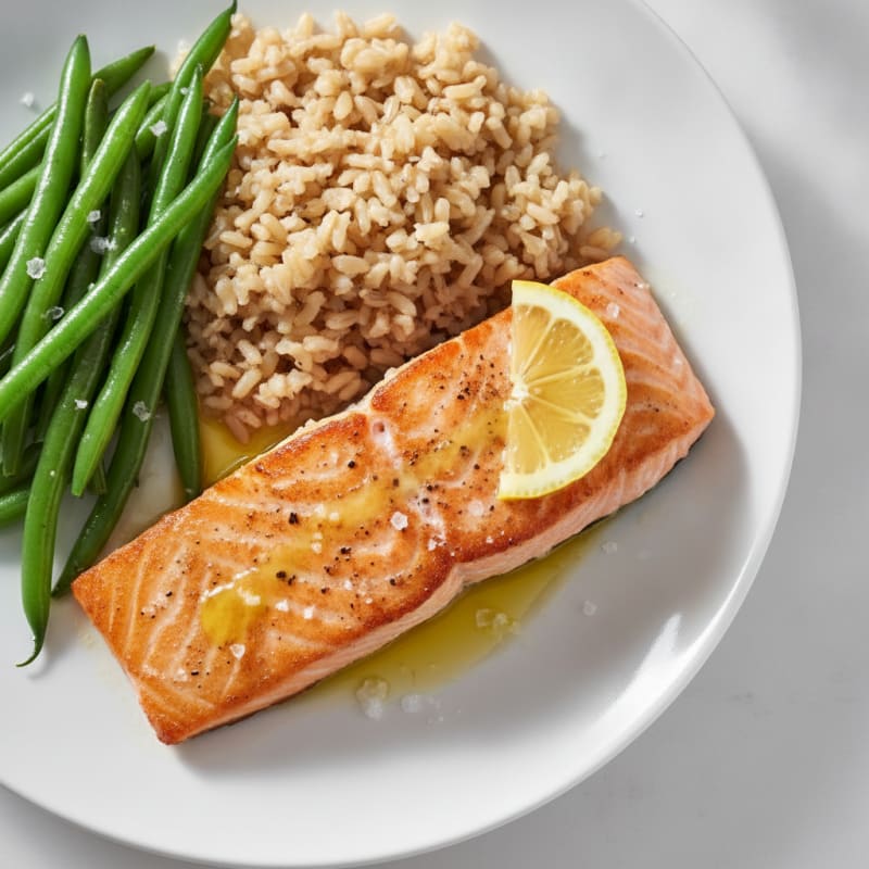 Seared Salmon Fillet with Steamed Green Beans and Brown Rice