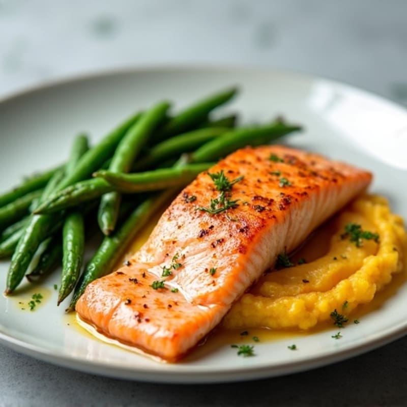 Seared Salmon with Garlic Green Beans and Mashed Sweet Potato