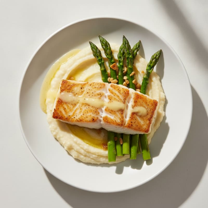 Seared White Fish with Roasted Asparagus and Cauliflower Mash