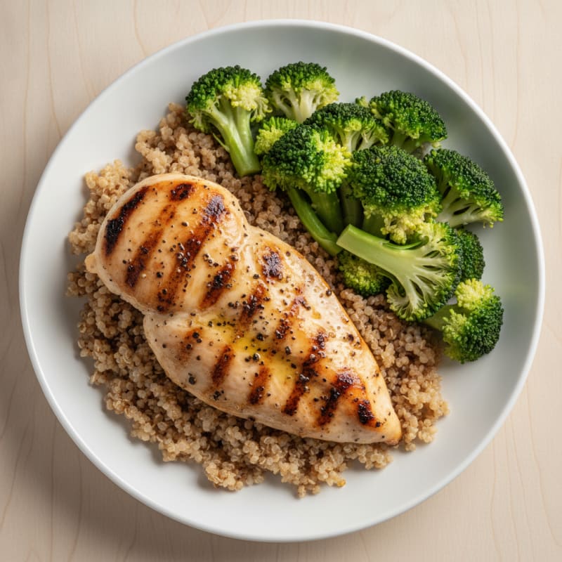 Grilled Lemon Pepper Chicken Breast with Quinoa and Steamed Broccoli