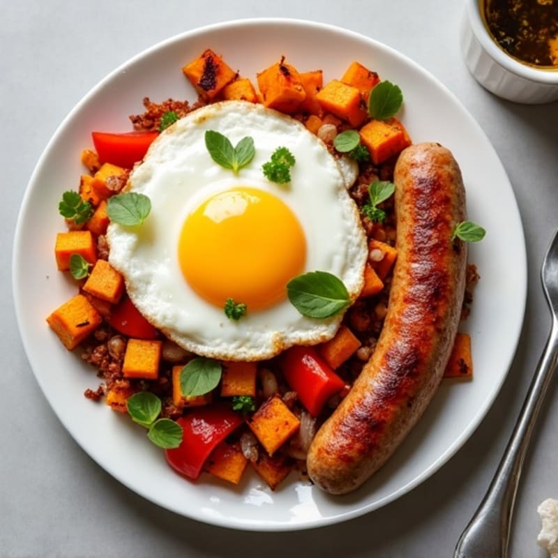 Crispy Turkey Sausage and Egg Hash with Roasted Sweet Potatoes