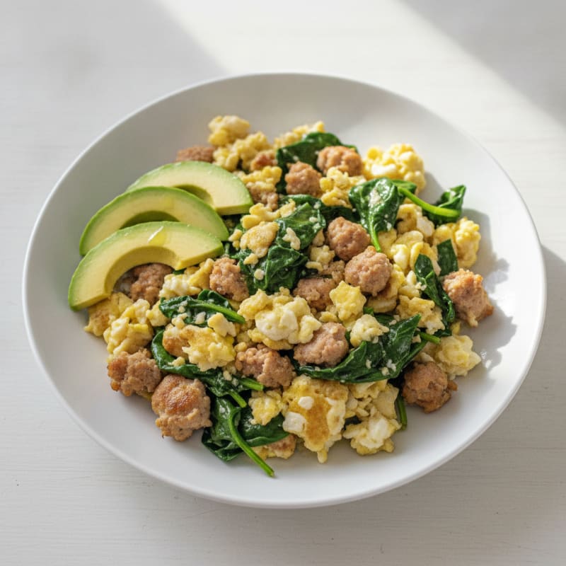 Egg White Scramble with Turkey Sausage and Sautéed Spinach