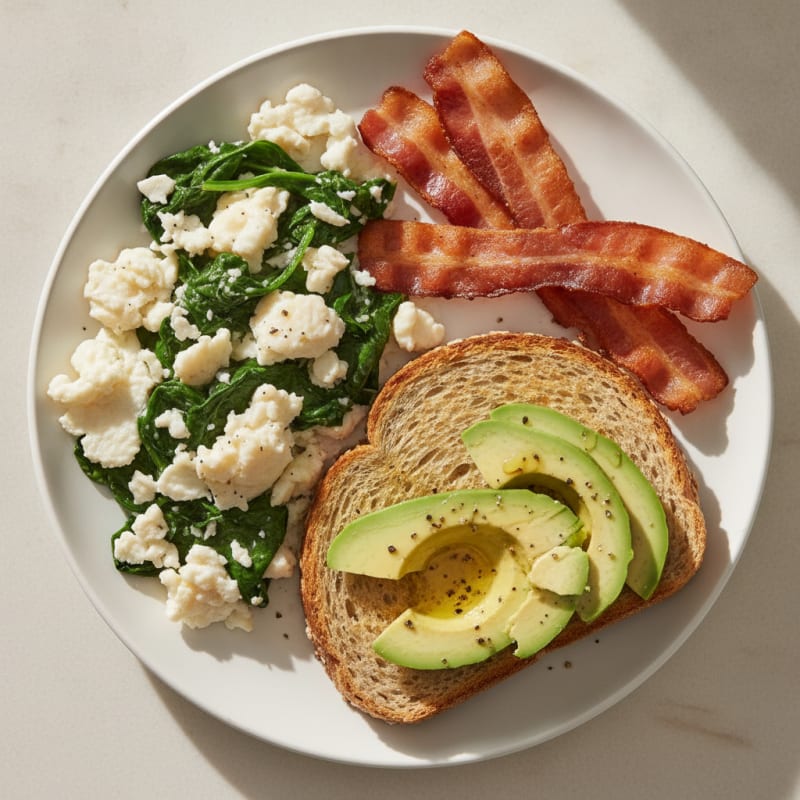 Egg White Scramble with Turkey Bacon and Sautéed Spinach