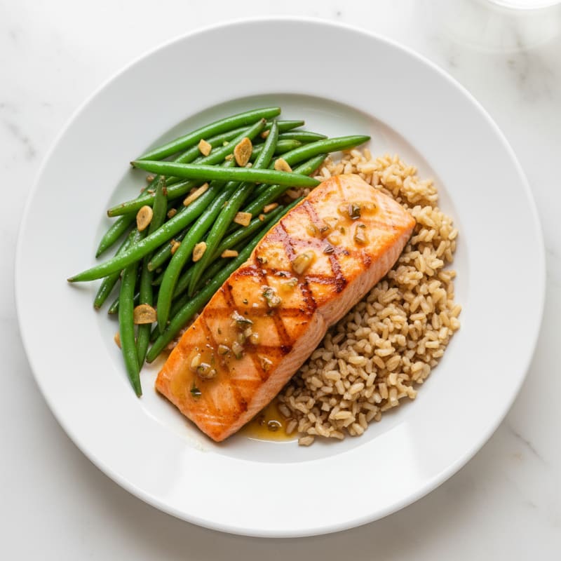 Seared Salmon Fillet with Garlic Green Beans and Brown Rice