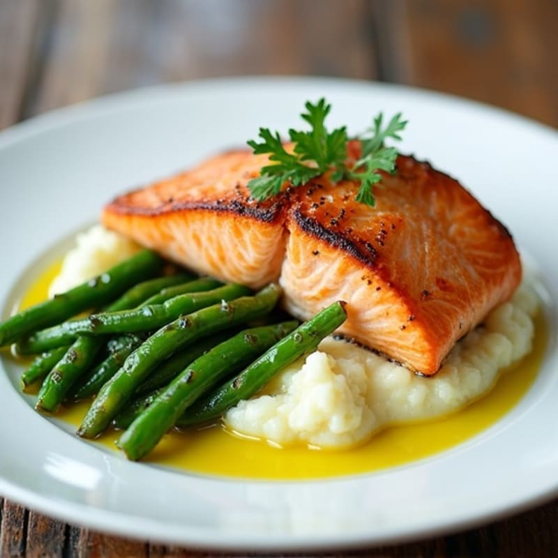 Seared Salmon with Garlic Green Beans and Cauliflower Mash