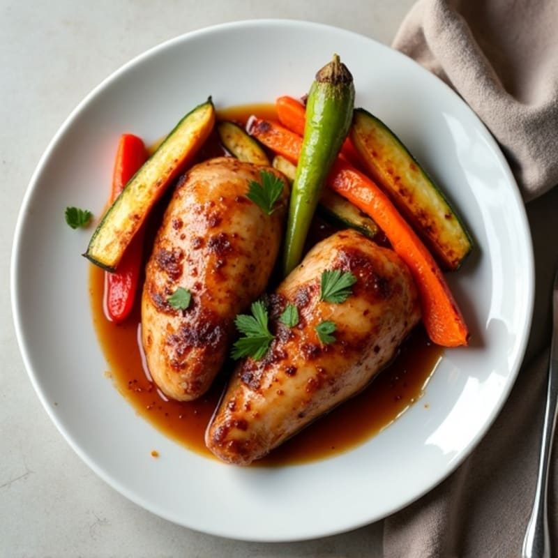 Tender Braised Chicken with Garlic Soy Vinegar Sauce and Roasted Vegetables