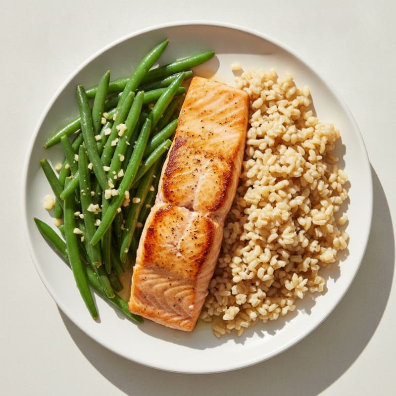 Seared Salmon with Garlic Green Beans and Brown Rice
