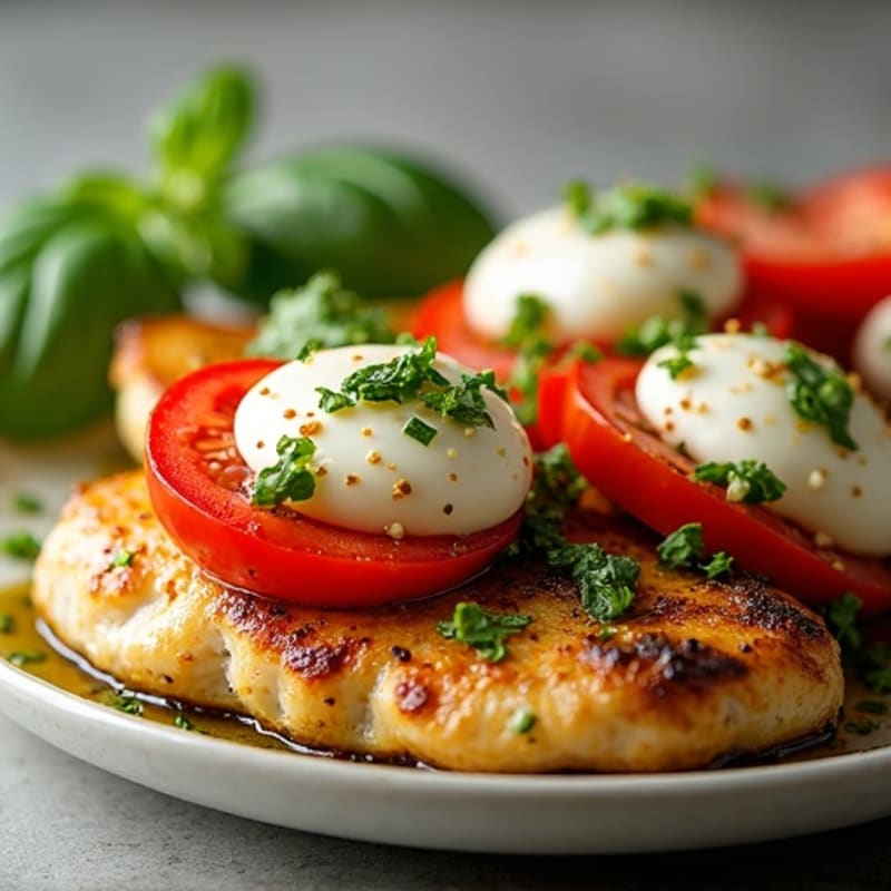 Pan-Seared Chicken with Fresh Tomato, Creamy Mozzarella, and Basil Pesto