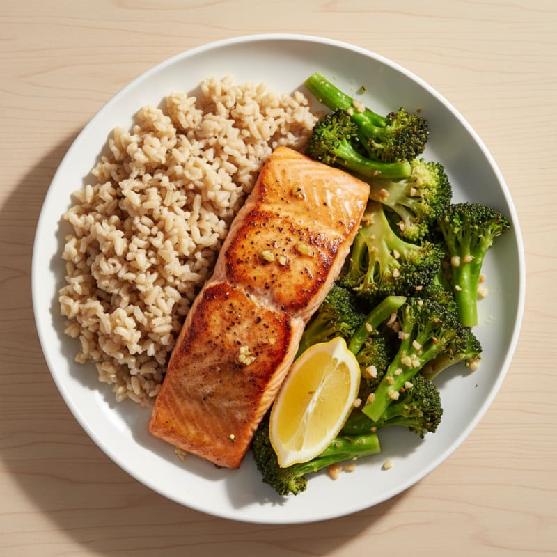 Seared Salmon with Garlic Broccoli and Brown Rice